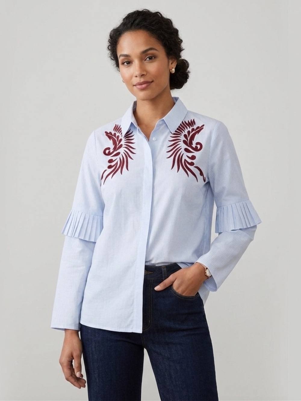 Hemant & Nandita Blue White Red Button Down Shirt Blouse Statement Ruffle Sleeve